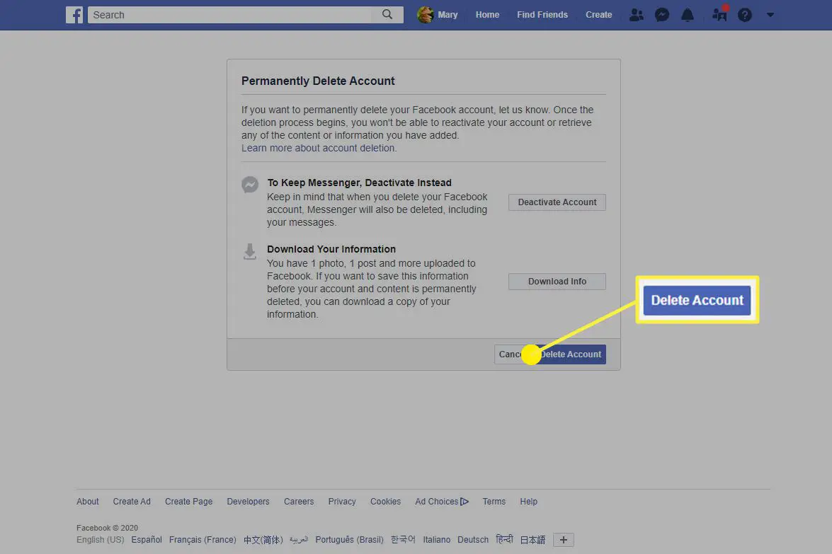 Skärmdump av information om och ett alternativ för att radera ett konto på Facebook.