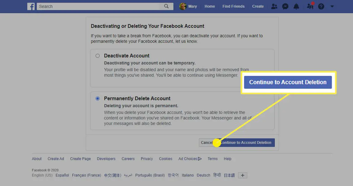 Alternativet Kontot borttagning i Facebook i en webbläsare.