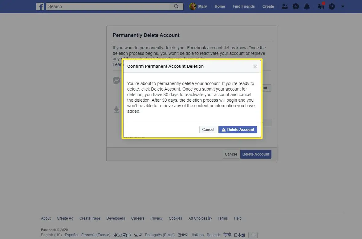 Ett annat bekräftelsemeddelande när du tar bort ett Facebook-konto med en webbläsare.