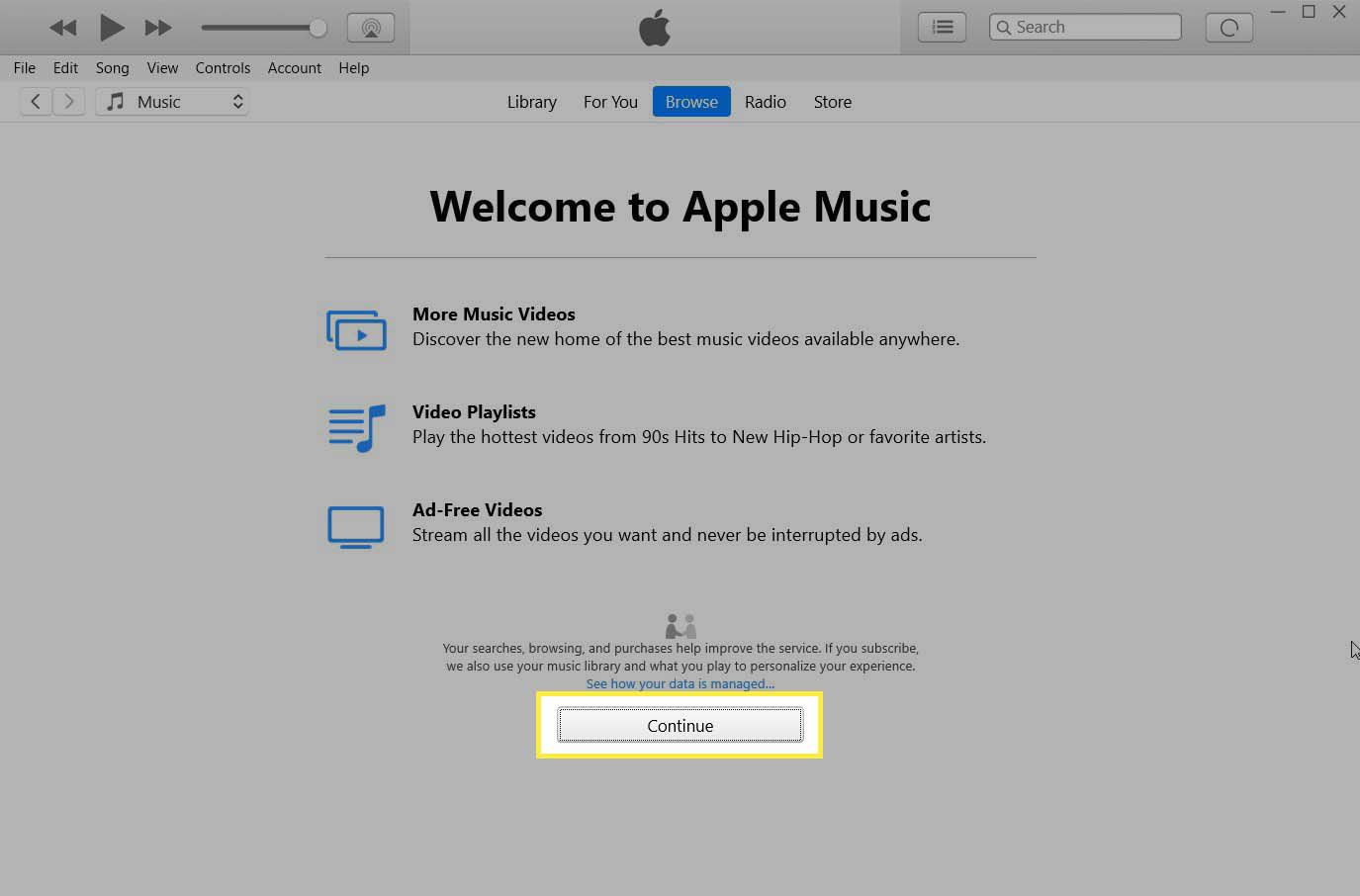 Fortsätt-knappen markerad på introduktionsskärmen Välkommen till Apple Music.