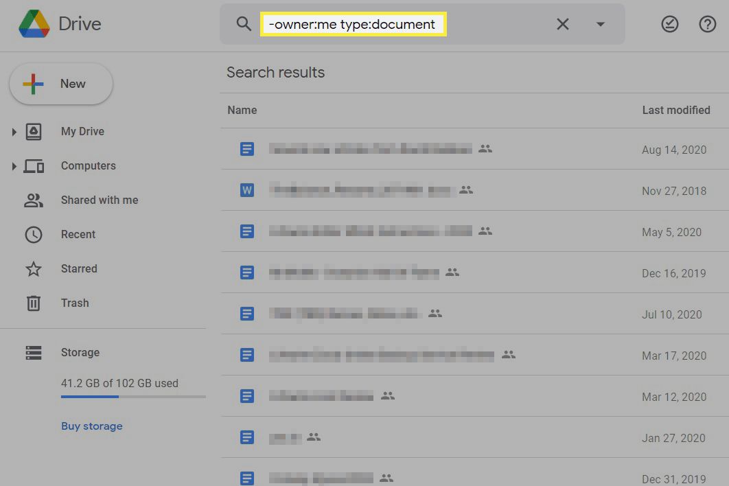 Filtrerade resultat på Google Drive för delade dokument.