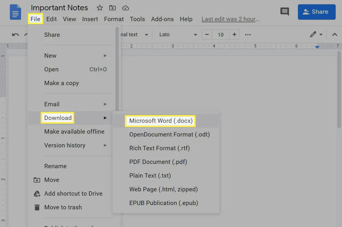Ladda ner ett Google Doc som en Microsoft-fil.