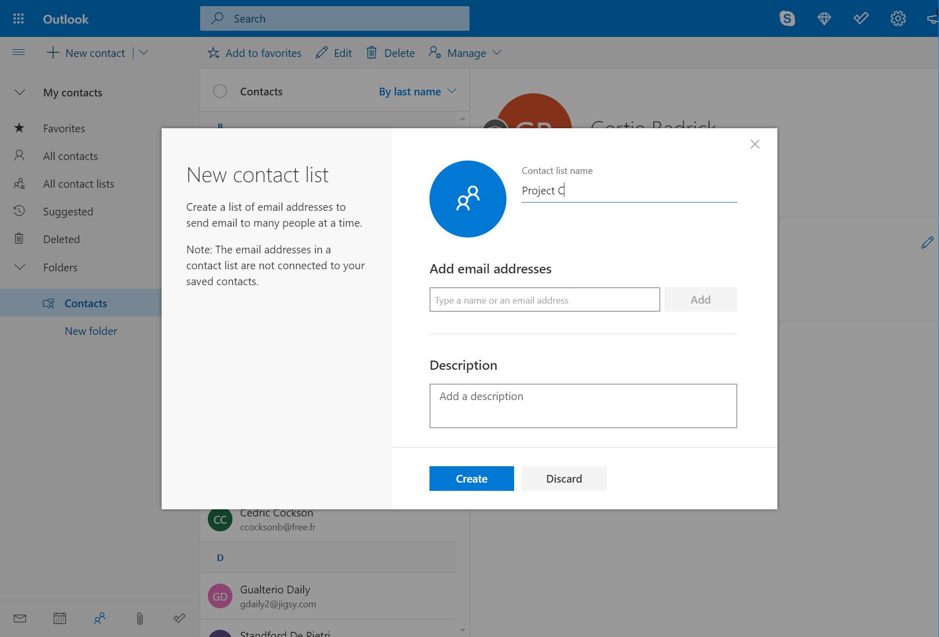 Outlook.com nya kontaktlistans namnfält