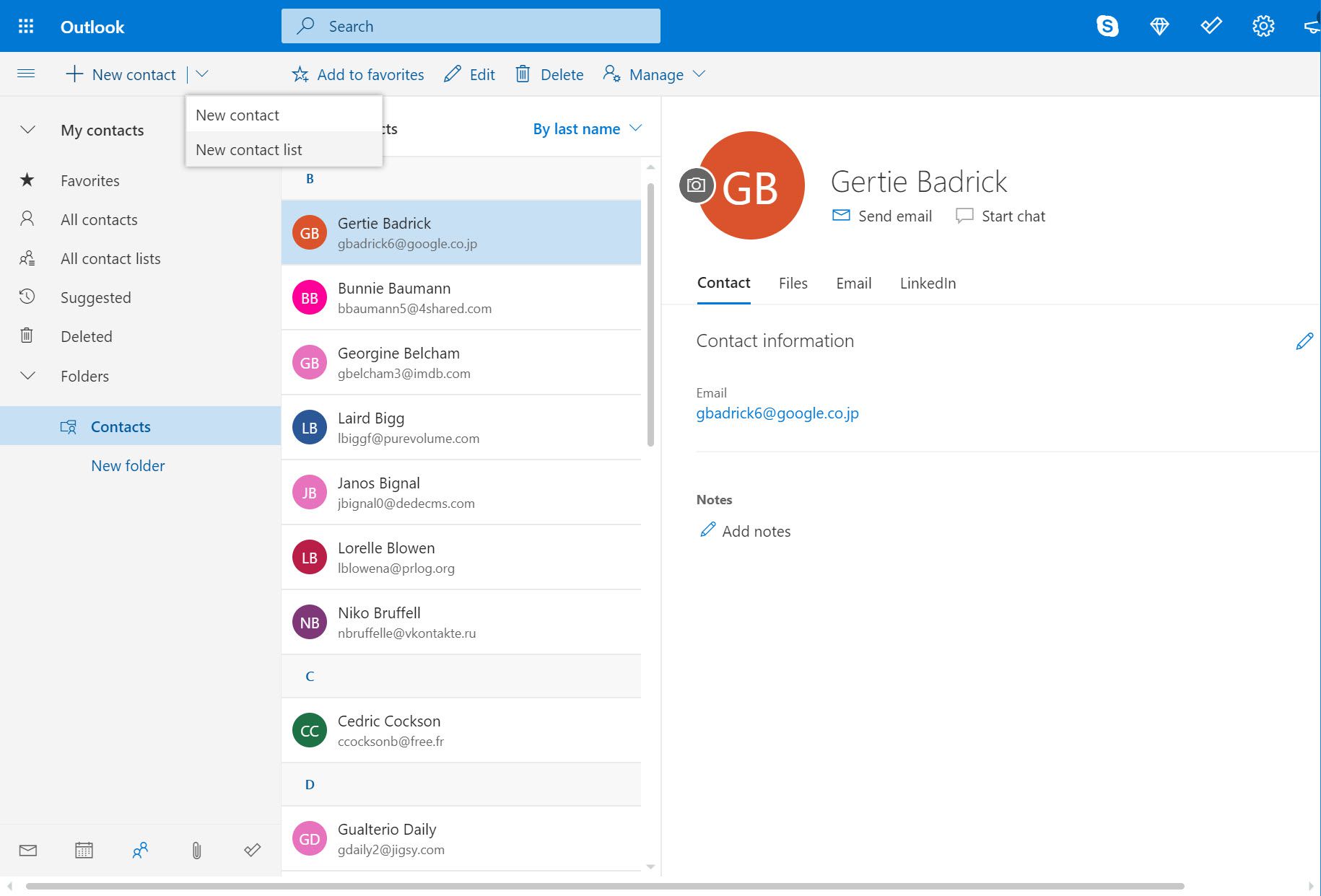 Outlook.com skapar ett nytt menyalternativ för kontaktlistor