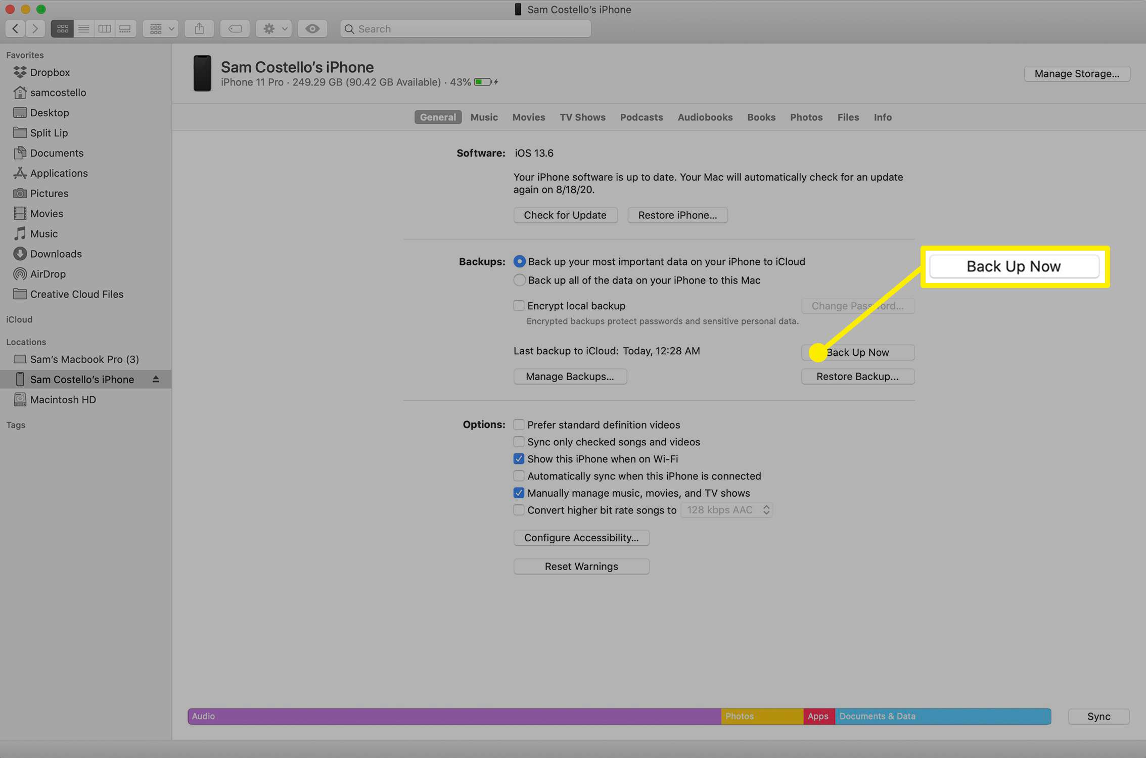 Skärmdump av iPhone-hanteringsskärmen på Mac