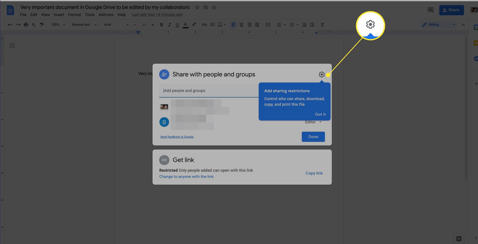 Delningsbegränsningar för Google Drive Inställningar-ikonen markerad