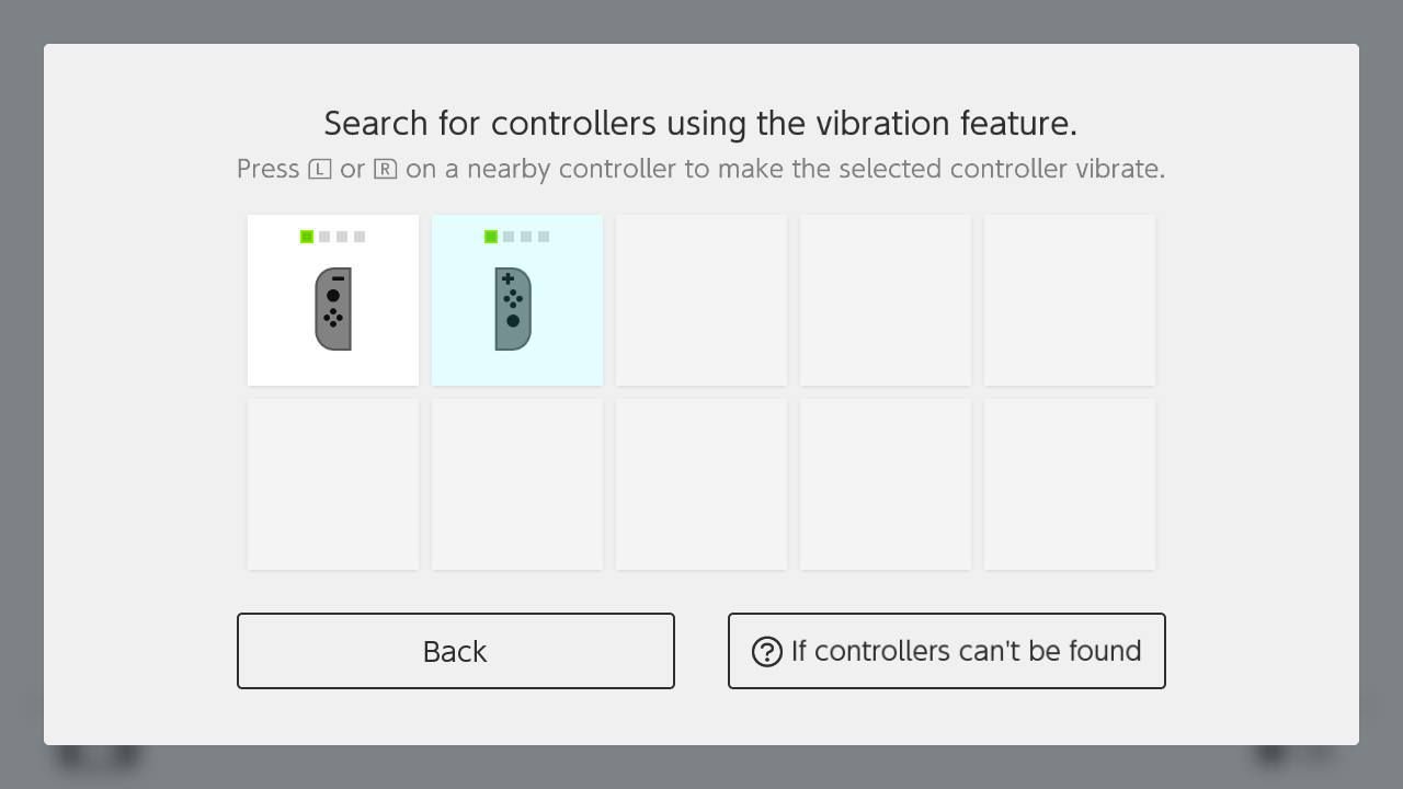 Nintendo Switch Find Controllers-skärmen