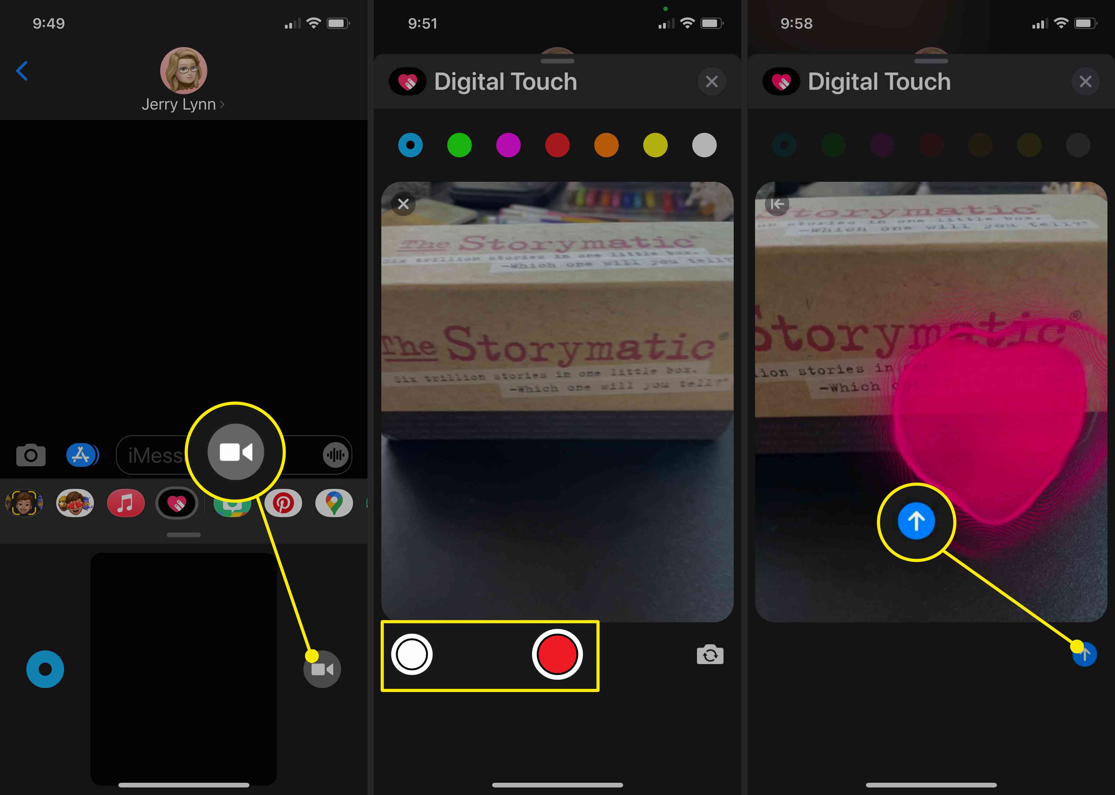 Skärmdumpar för att lägga till Digital Touch-effekter till foton och videor i iMessage.