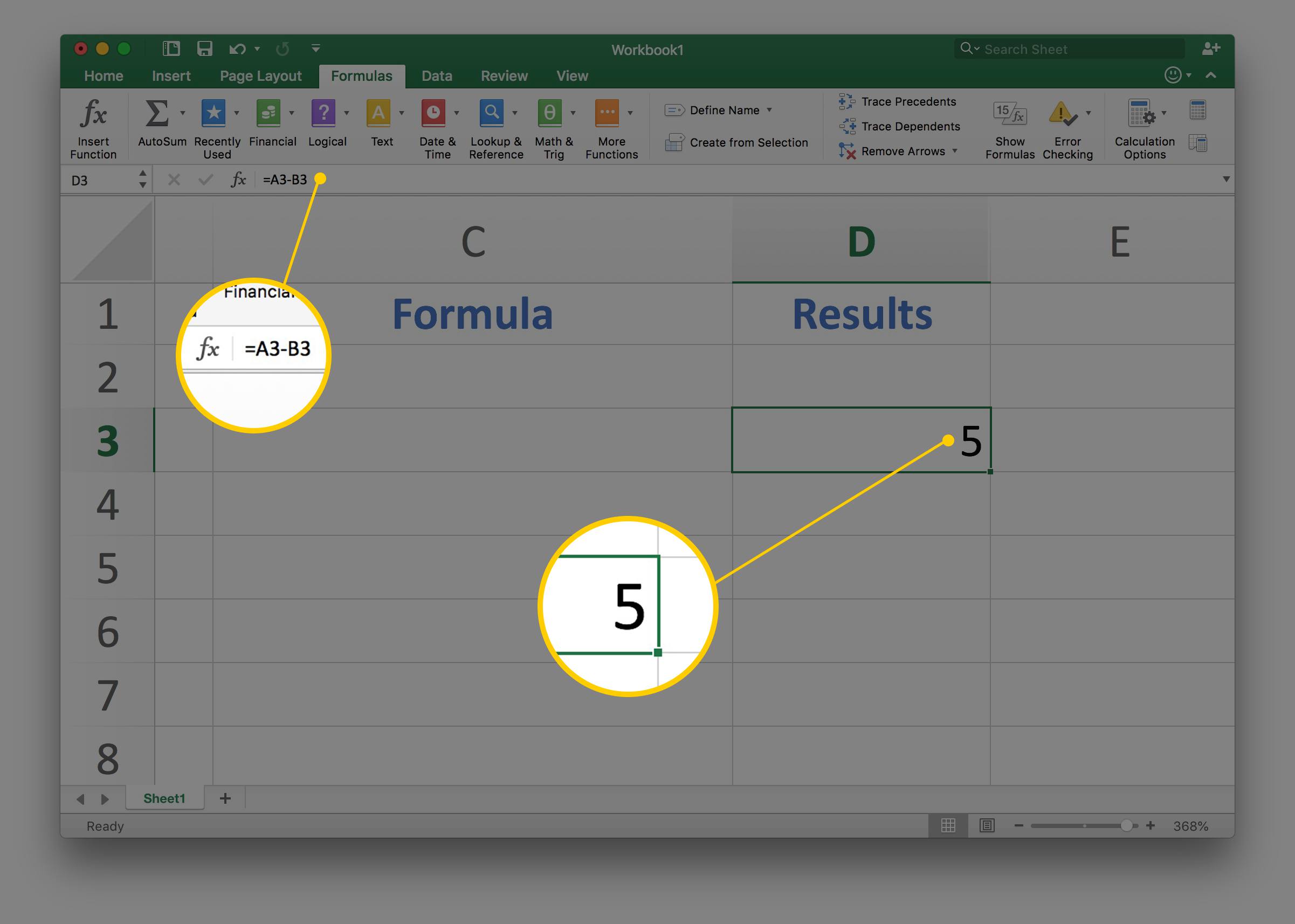 Skärmdump av Excel i Mac som visar 5 i kolumnen Resultat och = A3-B3 i formelfältet