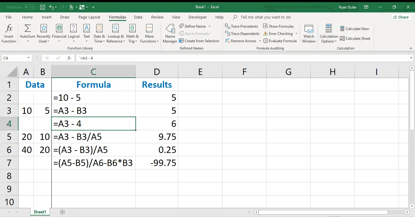 Ett exempel på att använda cellreferenser och siffror i Excel.
