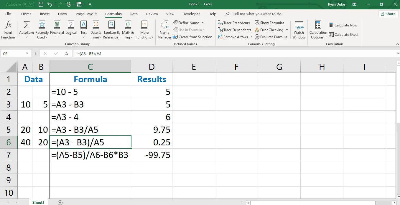 Ett exempel på hur du använder parentes i Excel för att ändra ordningsföljd.