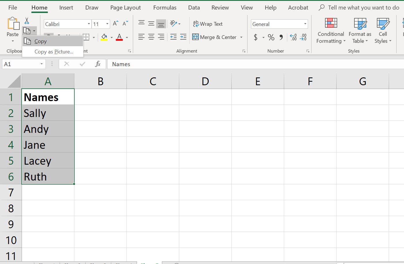Excels kopieringsfunktion markerad i menyfliksområdet.