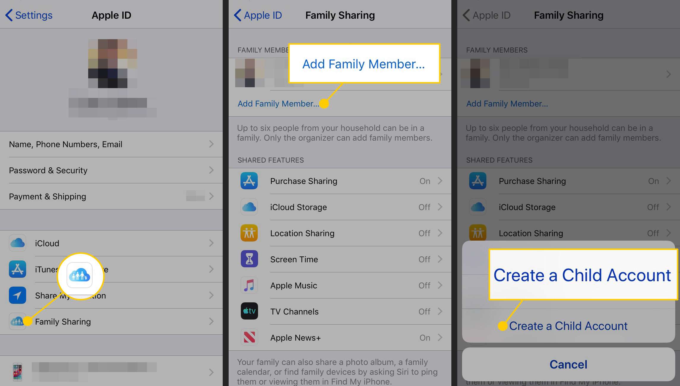Lägga till en familjemedlem i Familjedelning på en iPhone