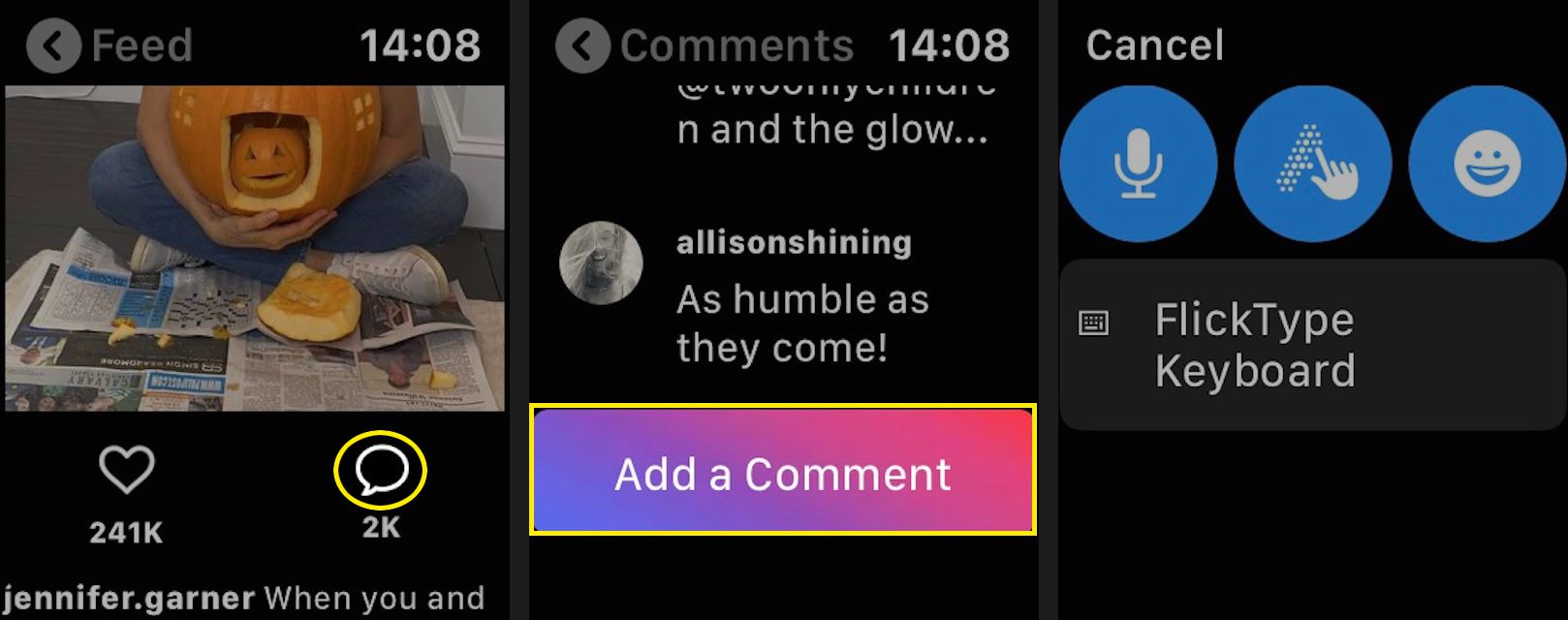 Om du vill kommentera trycker du på pratbubblan, bläddrar nedåt och trycker på Lägg till en kommentar.  Du kommer till en skärm med dina kommentaralternativ.