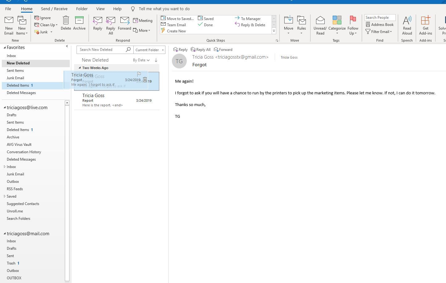 Skärmdump för att dra e-post till mapp