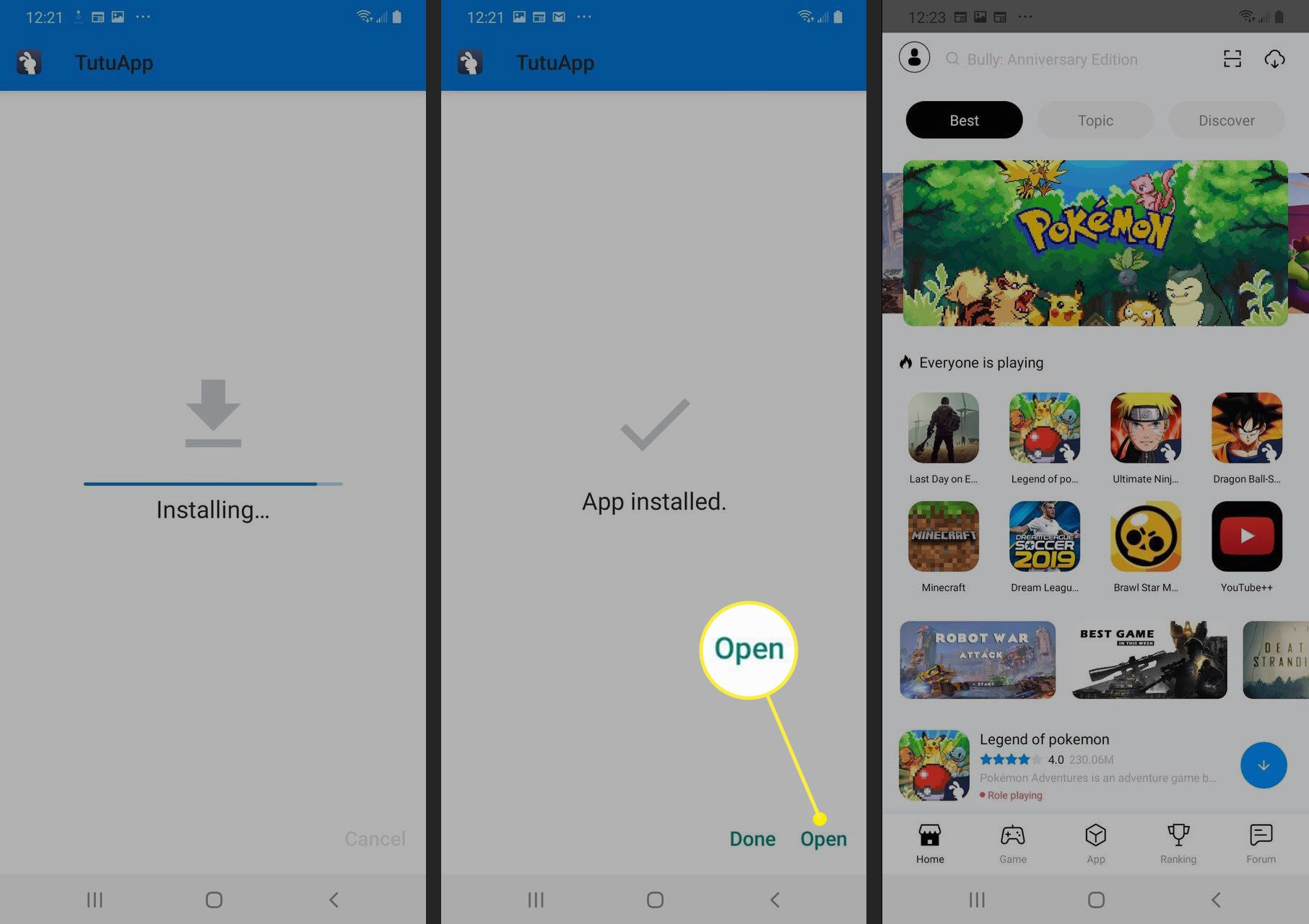 TutuApp Öppna-knapp och startskärm som visar tillgängliga appar för Android