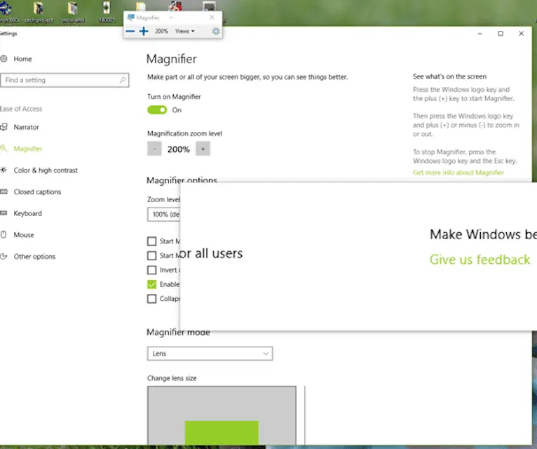 Skärmdump av förstoringsinställningar för PC Windows 10 med förstoringsglas inställt på 200%
