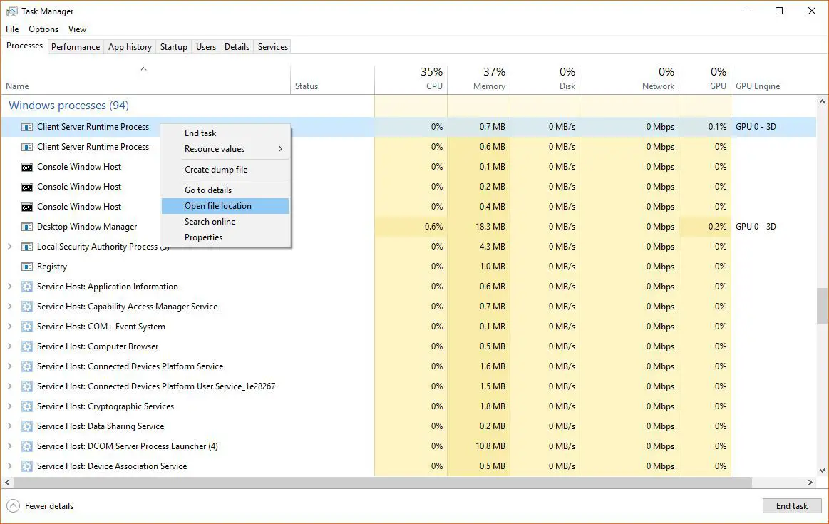 En skärmdump av Windows Aktivitetshanterare.