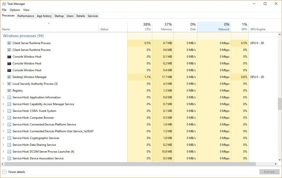 En skärmdump av Windows Task Manager Windows Processes-avsnitt.