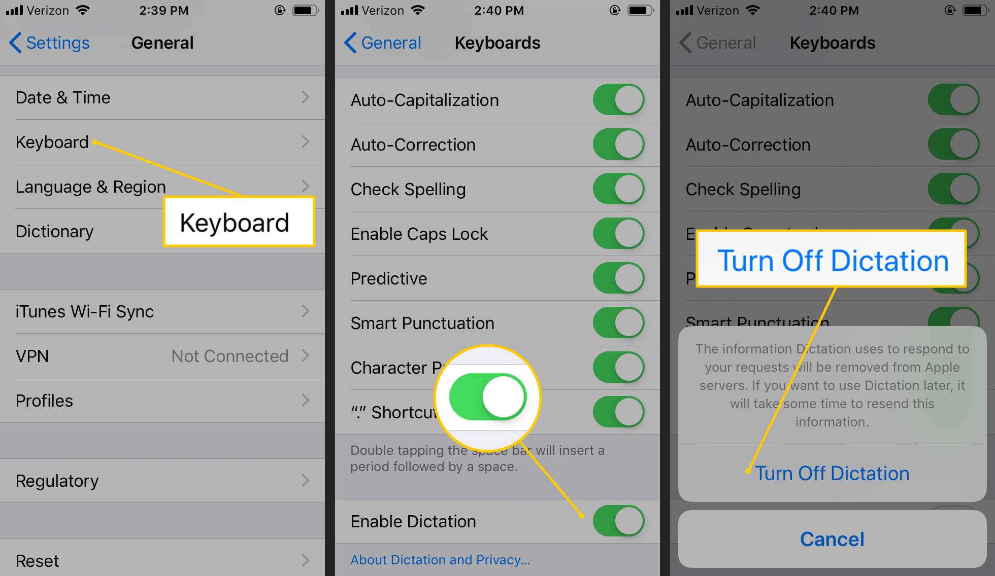 Tangentbord, Aktivera diktatväxling, Stäng av diktat på iOS