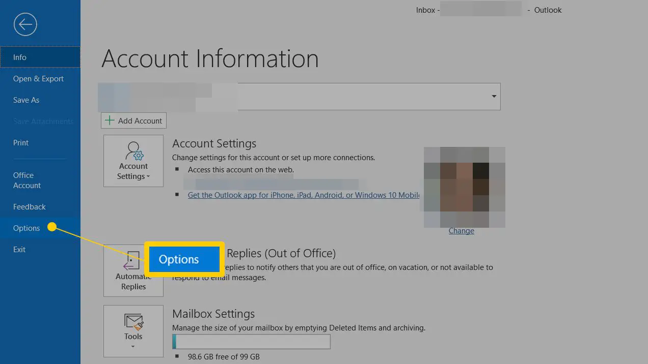 Alternativ-knappen på Outlook-sidan Kontoinformation