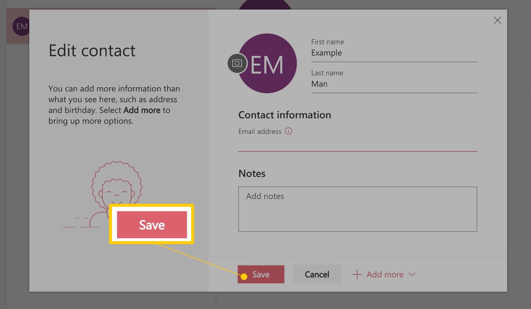 Spara-knappen i Redigera kontaktfönster i Outlook på webben