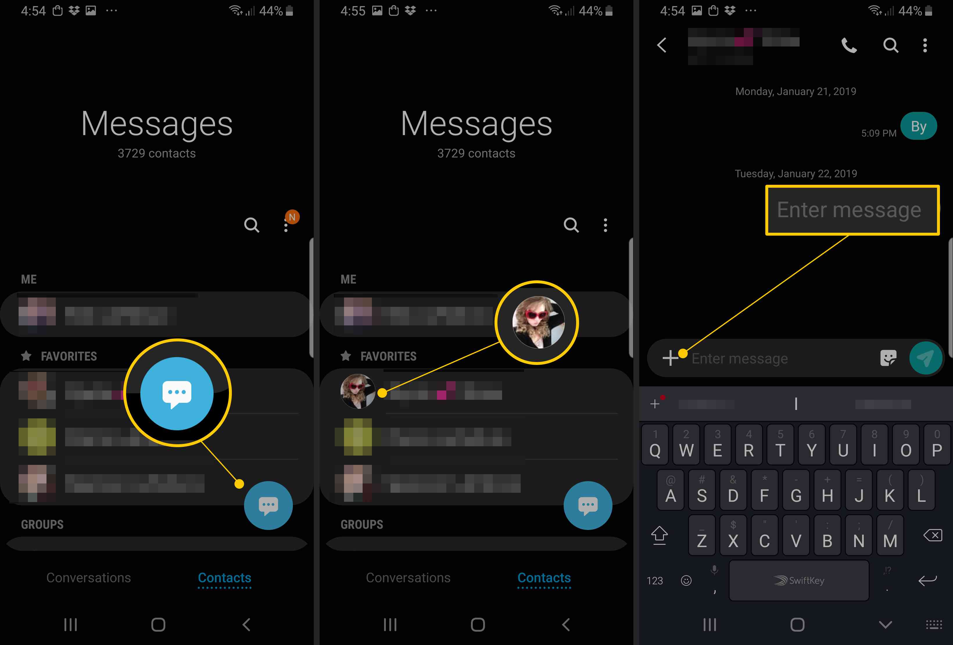 Meddelandesymbol, kontaktikon, Ange meddelandefält i Samsung Chat-appen