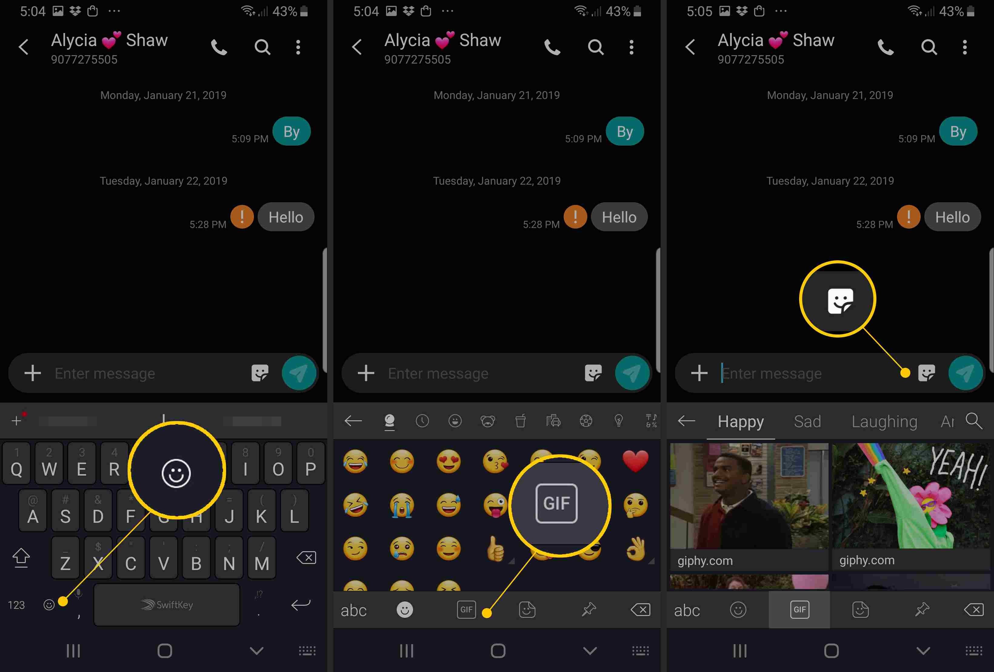 Emoji-, GIF- och klistermärkeikoner i Samsung Messages-appen