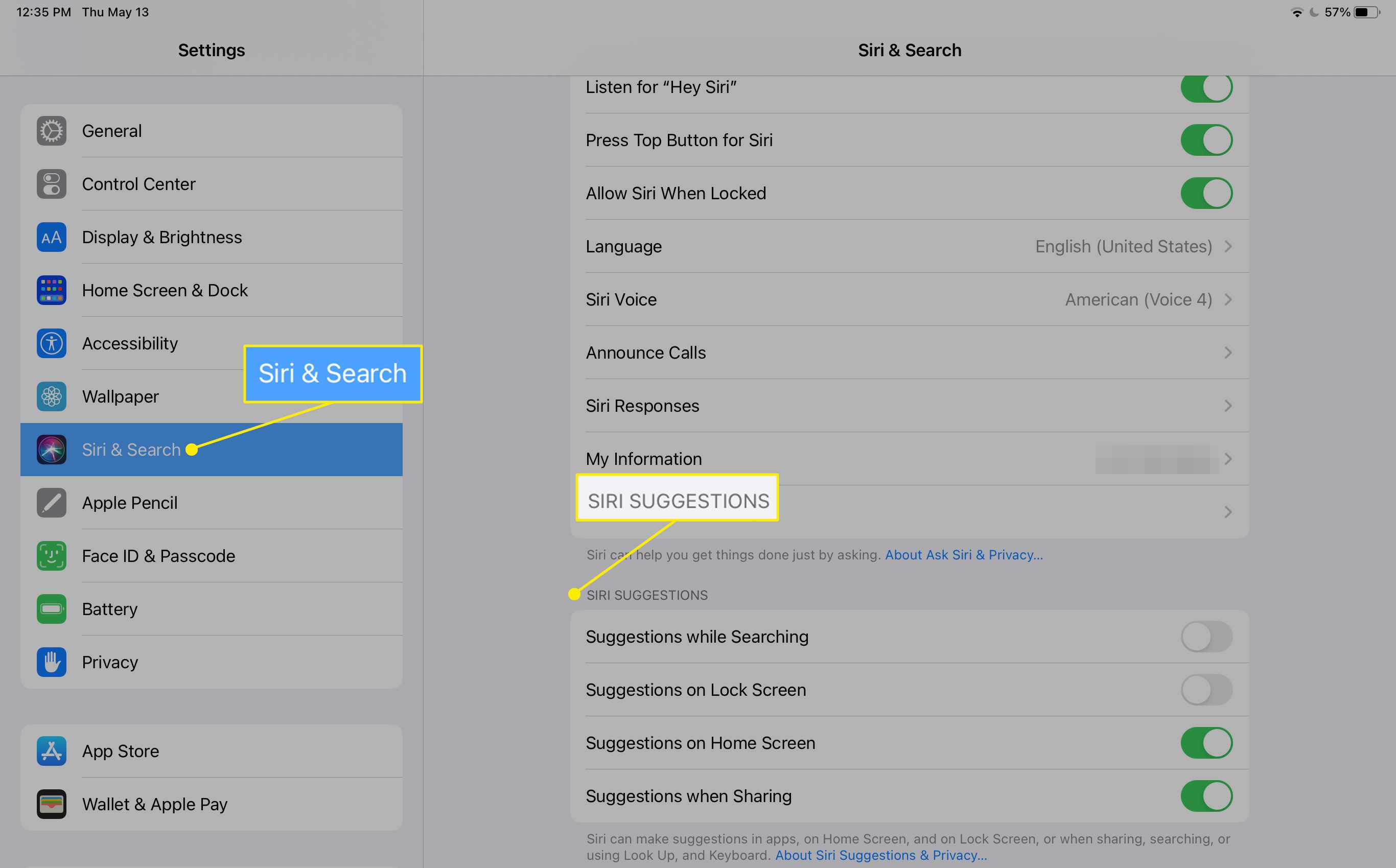 iPad-inställningar med Siri & Sök-kategori markerad