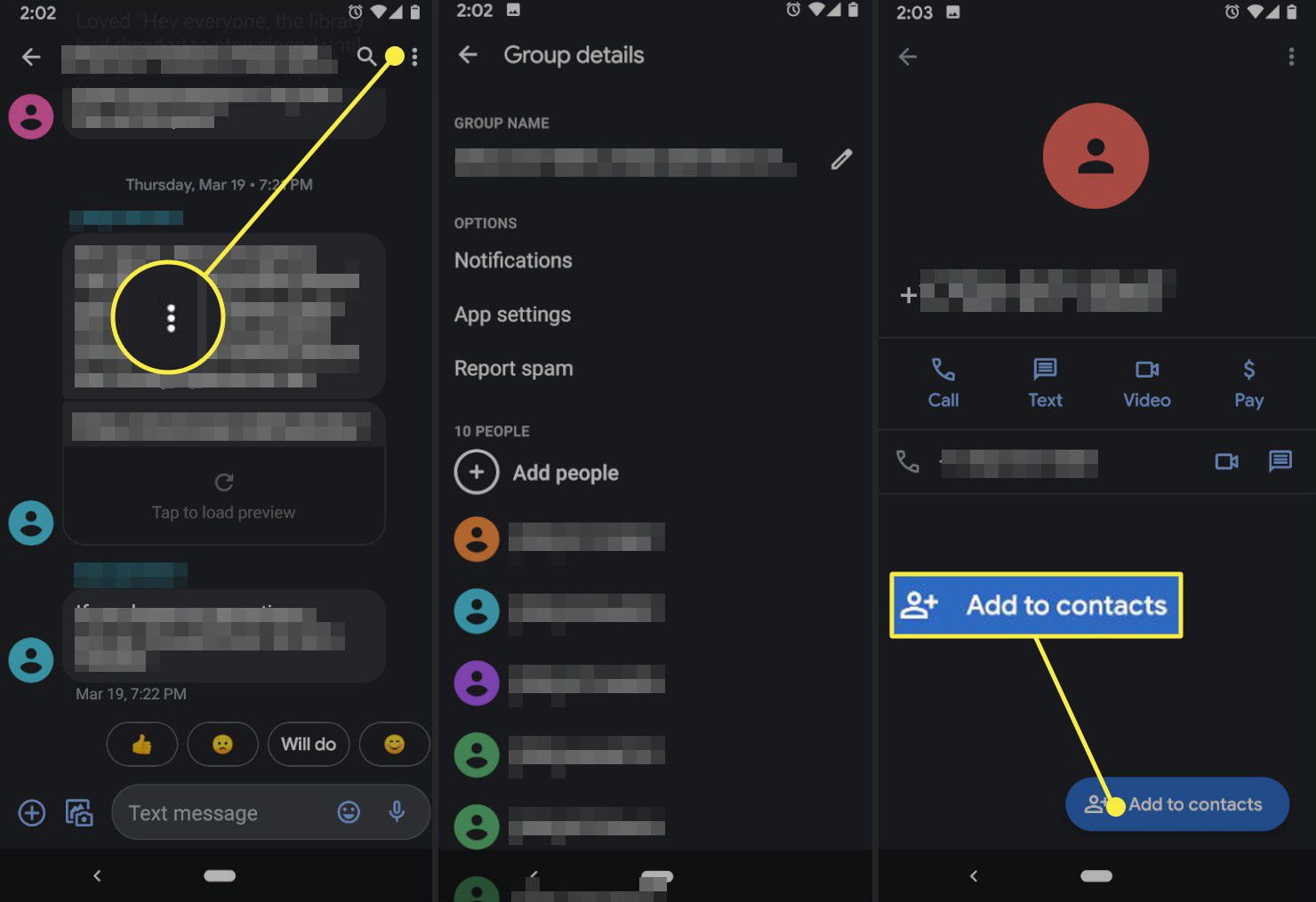 Meddelandeappen på Android med Mer-menyn och knappen Lägg till i kontakter markerad