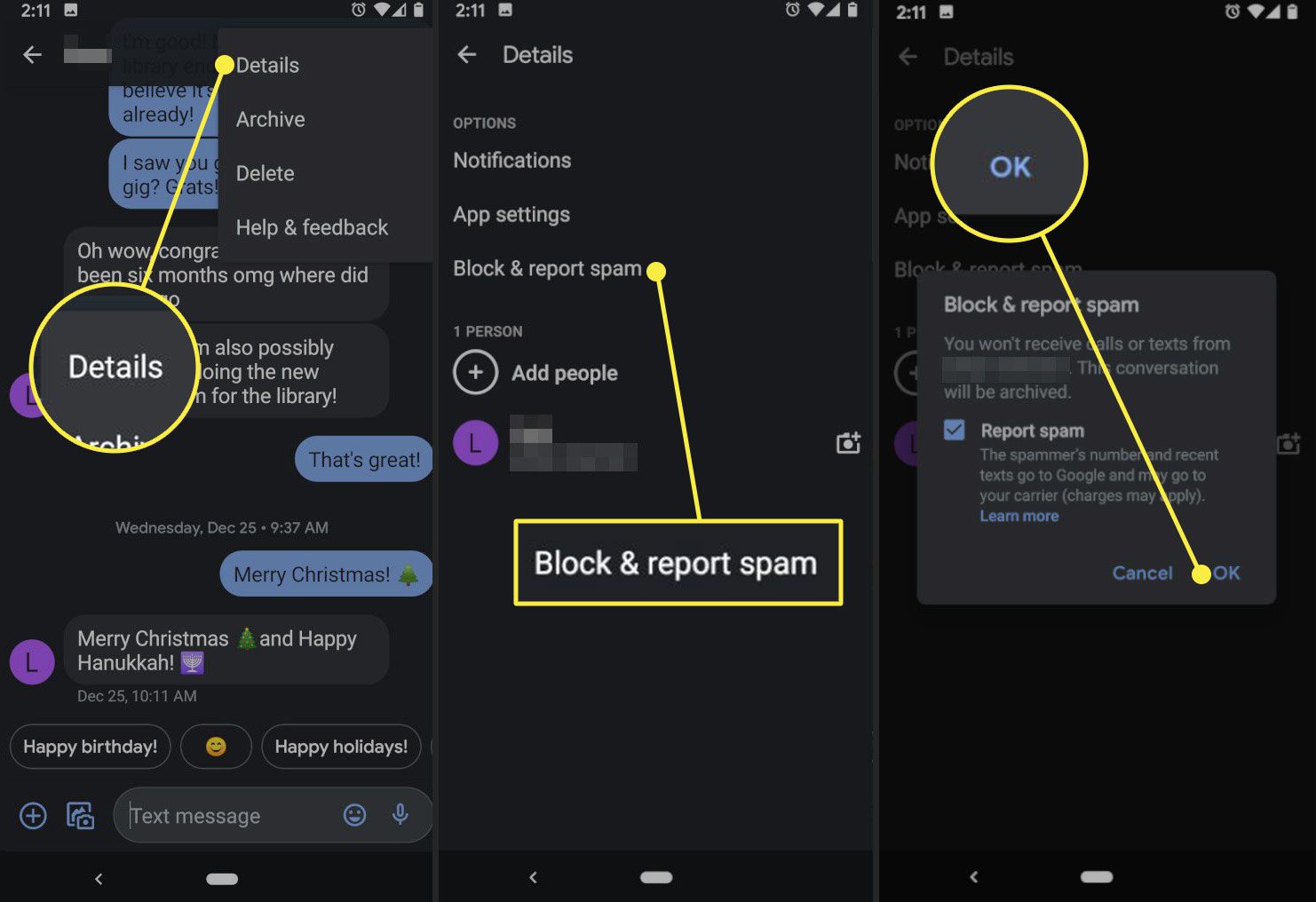 Android Messages-appen som visar hur man blockerar ett nummer