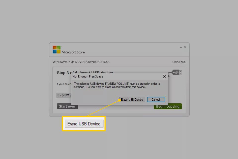 Radera USB-enhetsknapp i Windows 7-nedladdningsverktyget