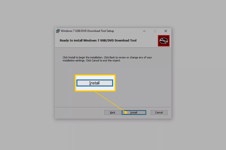 Installera-knappen för Windows 7 USB / DVD Download Tool Setup
