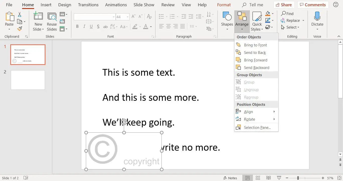 En skärmdump som visar hur man placerar en vattenstämpel bakom text i PowerPoint