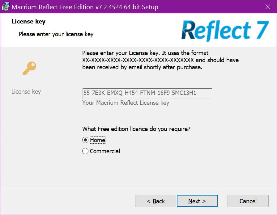 Macrium Reflect Free Edition-val av licensnyckel
