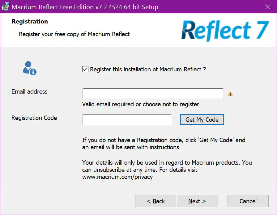 Macrium Reflect Free Edition-registrering