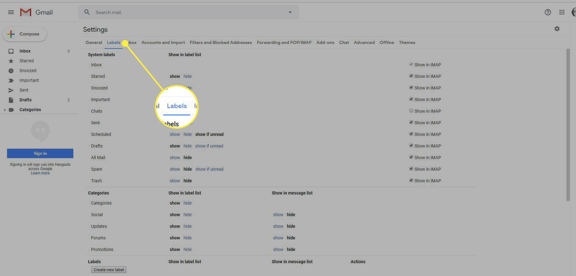 En skärmdump av Gmail-inställningar med rubriken Etiketter markerad