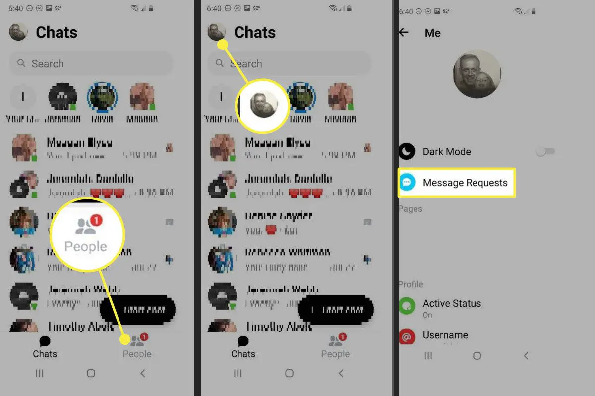 Navigera till meddelandeförfrågningar i Messenger-appen