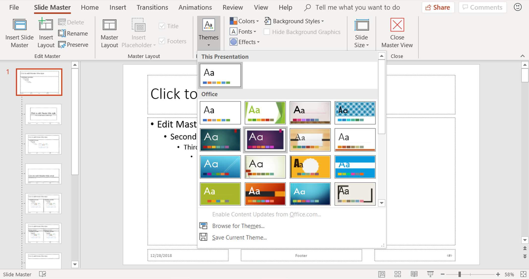 En skärmdump som visar hur du ändrar temat i PowerPoint Slide Master