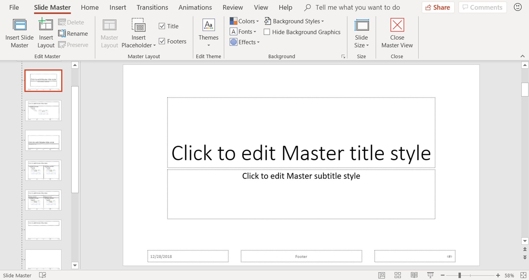 En skärmdump som visar Slide Master-vyn i PowerPoint
