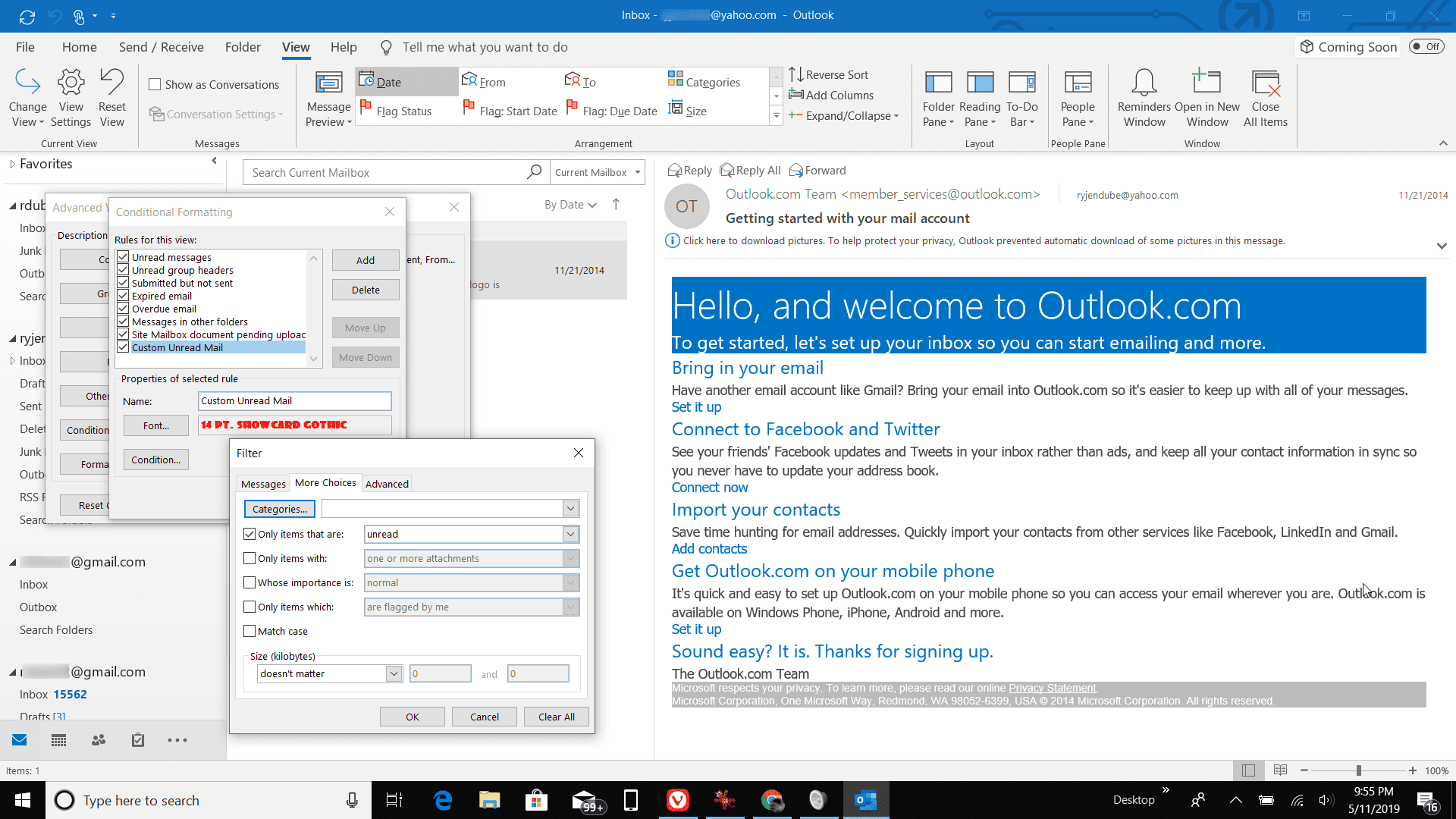 Skärmdump för att ställa in en oläst fil i Outlook