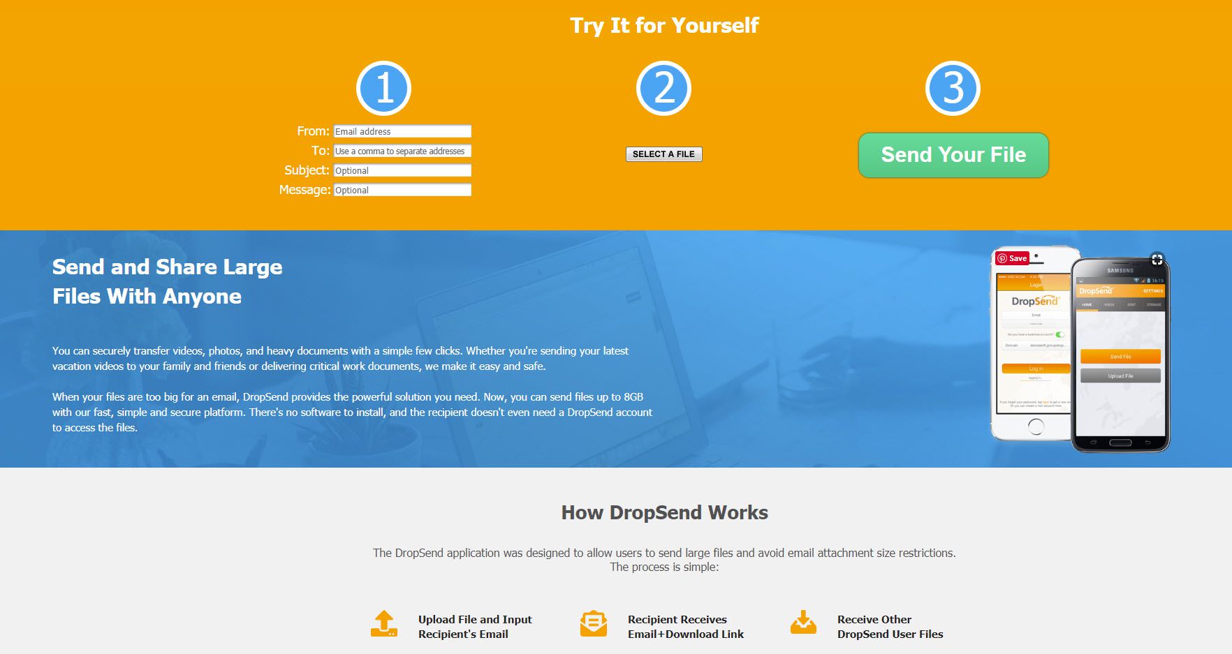 Skärmdump av DropSend-webbplatsen.