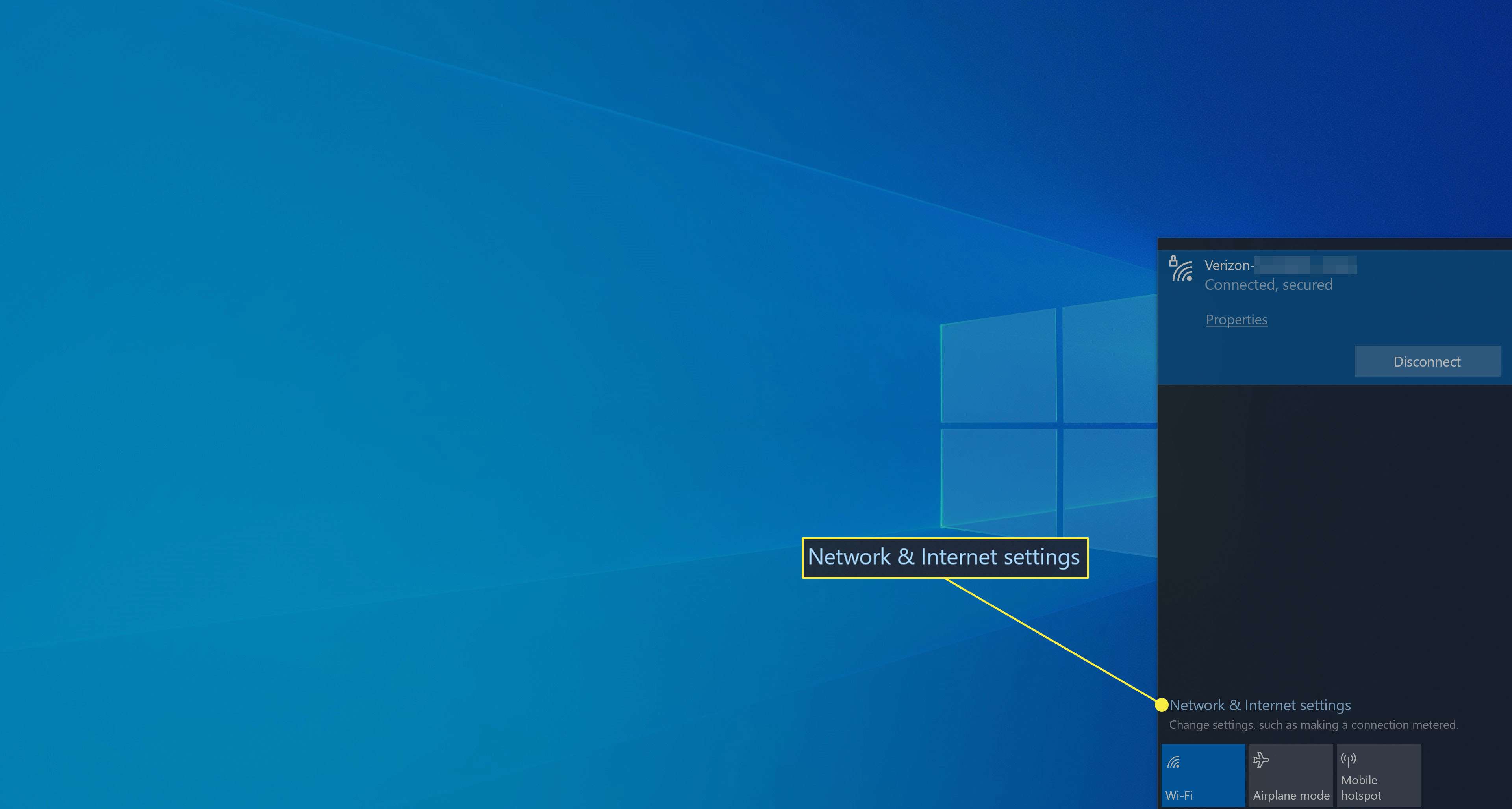 Välja nätverks- och internetinställningar i Windows 10.