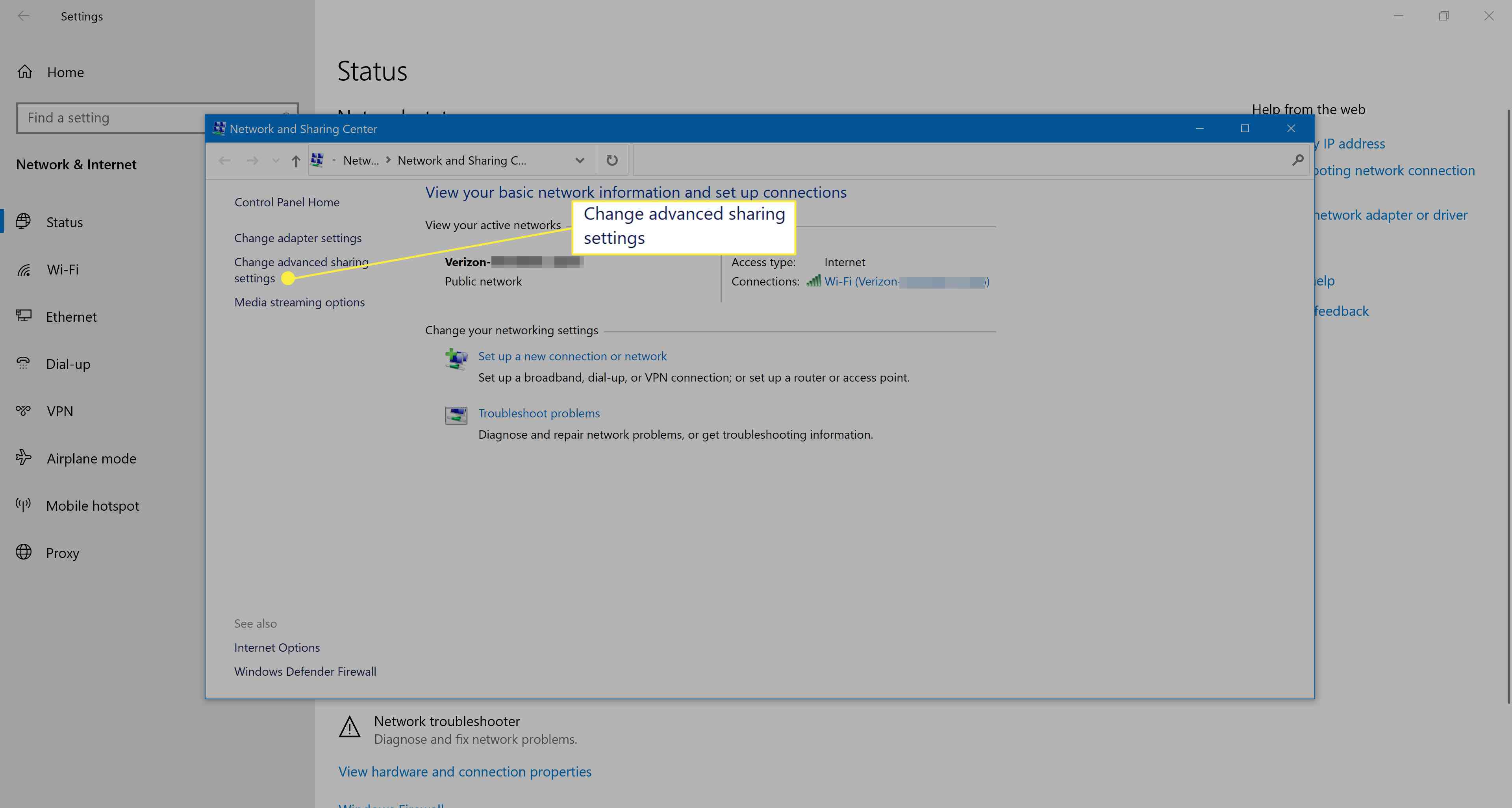 Windows 10 Kontrollpanelens nätverksinställningar.