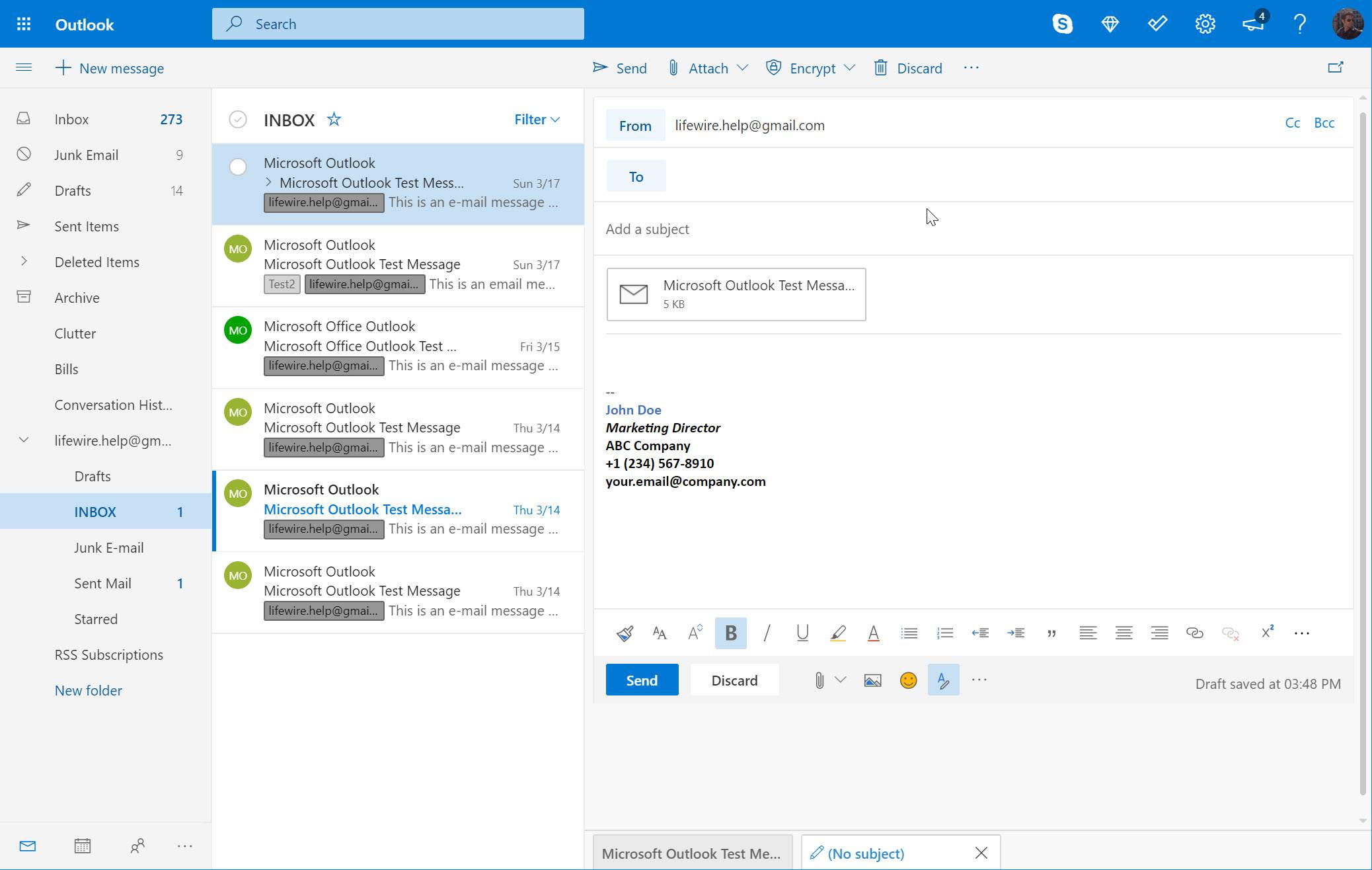 Outlook.com visar ett nytt meddelande med ett e-postmeddelande som en bilaga