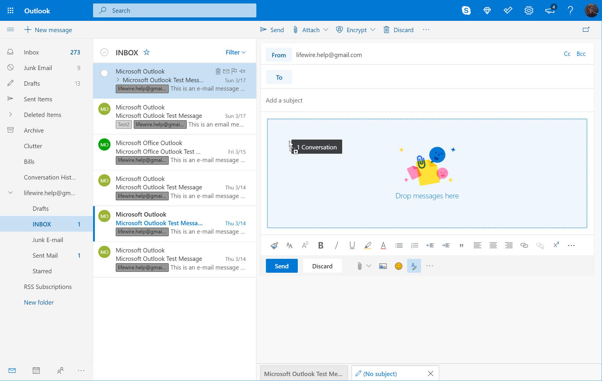 Outlook.com med e-post som dras och släpps till ett nytt meddelande
