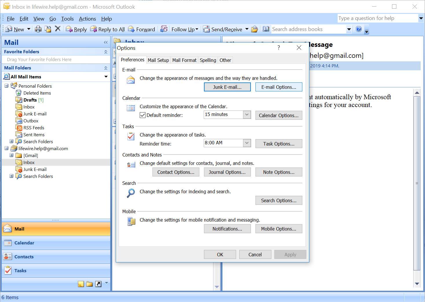 Alternativmenyn i Outlook 2007 med e-postalternativ valda