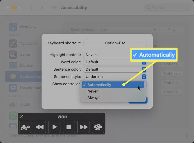 Mac Show Controller-menyalternativ med 'Automatiskt' markerat