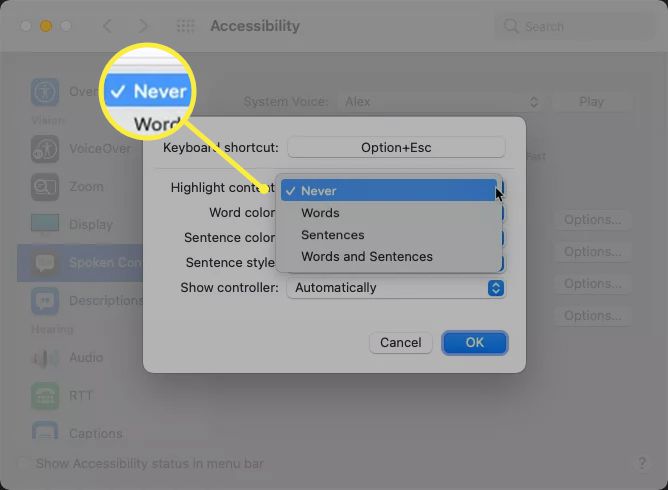 Markera innehållsalternativen i Mac med "Aldrig" markerad