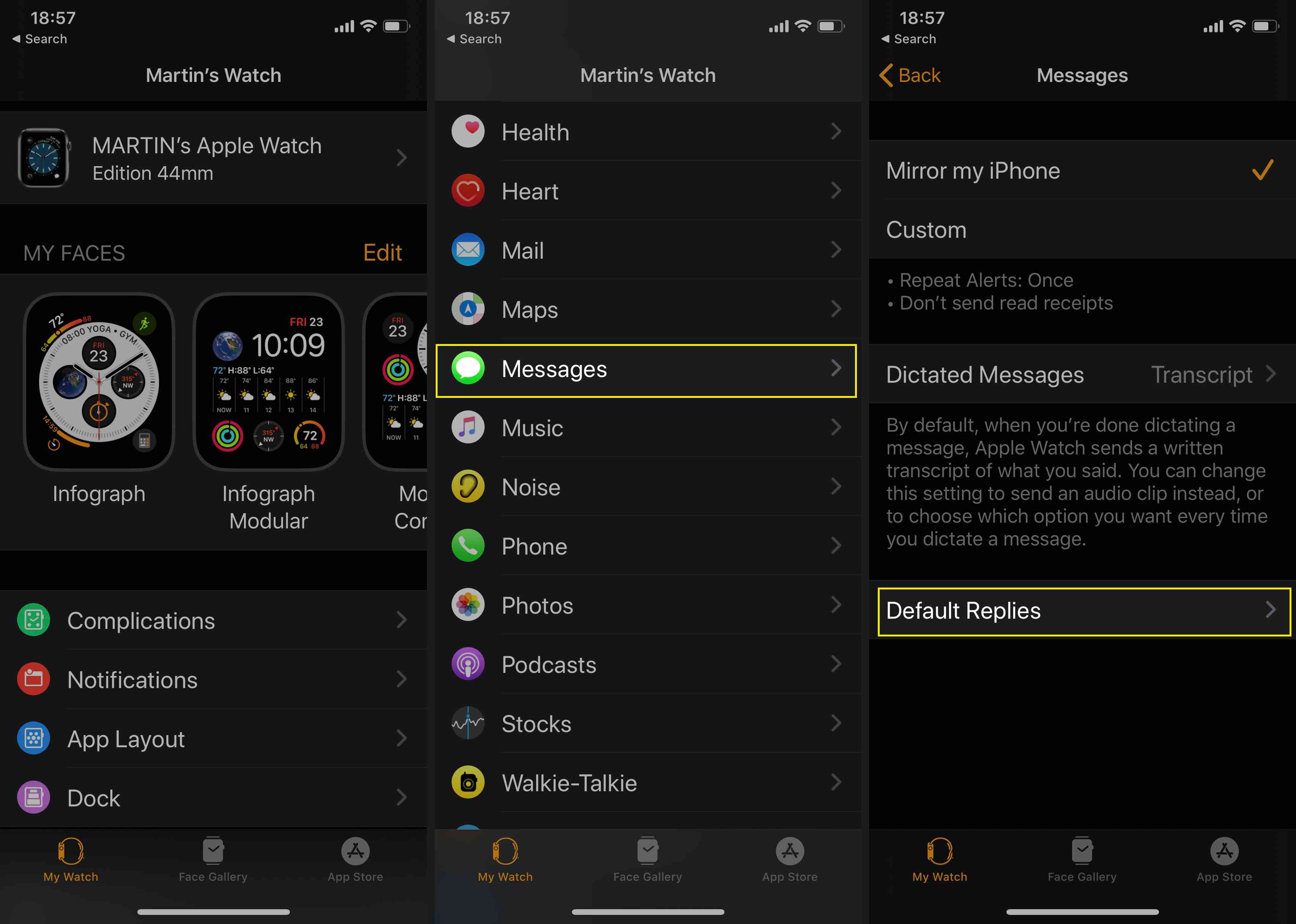 Apple Watch-appen med meddelanden och standardsvar markerad